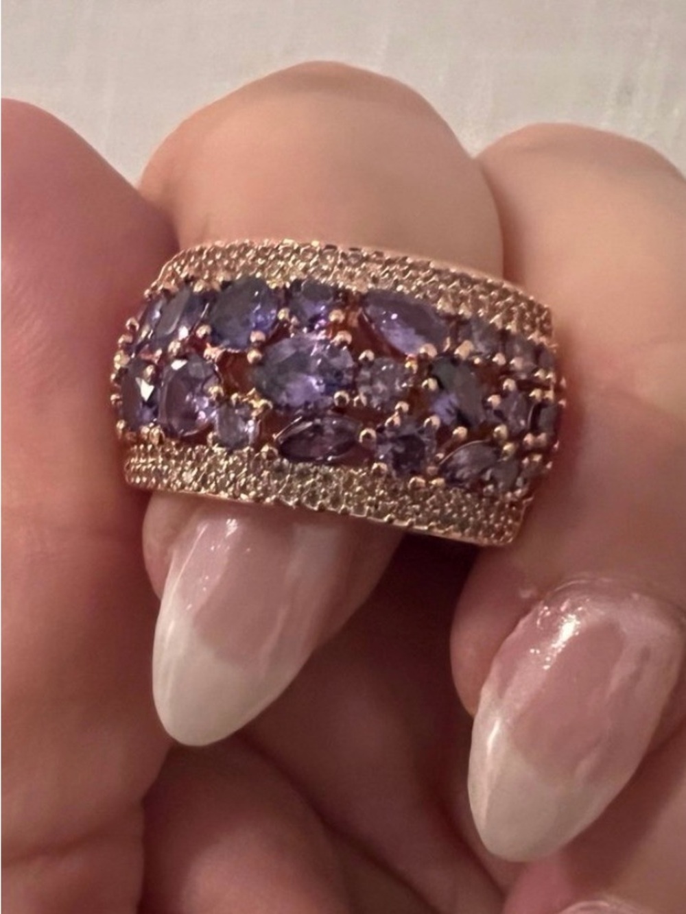 Rose-Tone Wide Band Ring with Purple Stones
